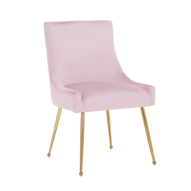 Plata Décor Import Inc Dining Velvet Chair Heye II Chair Pink with soft pink velvet upholstery, wide cushioned seat, shiny gold metal legs, and sturdy wooden frame, suitable for elegant dining or vanity seating.
