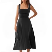Timegard Summer Dresses for Women Wide Strap Square Neck Sleeveless Solid Color Slim Casual Comfy Dress