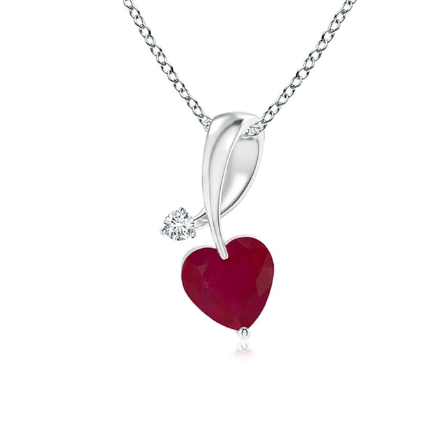 Angara Natural Ruby Necklace - Heart-Shaped Ruby Ribbon Pendant with Diamond in Platinum for Women