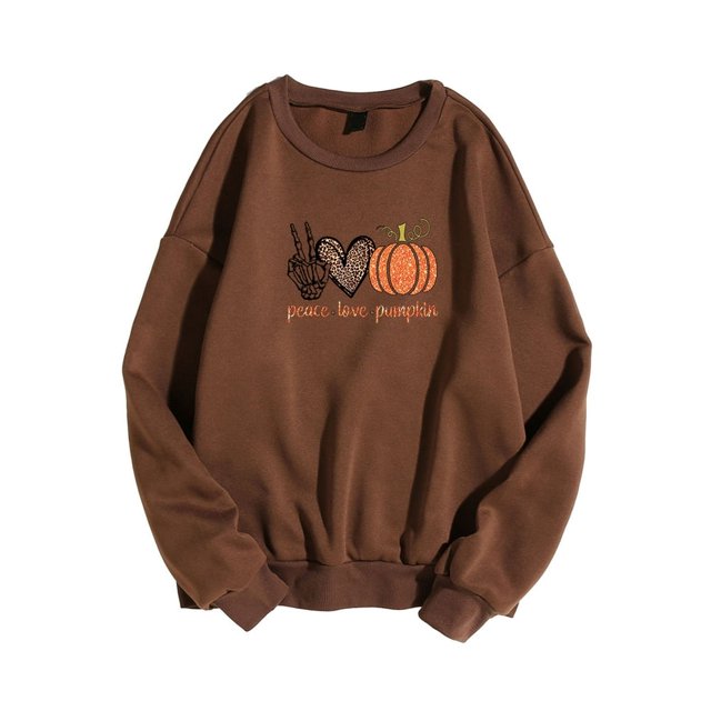 Womens Pullover Sweatshirts Halloween Skeleton Heart Pumpkin Print Oversized Pullover Tops