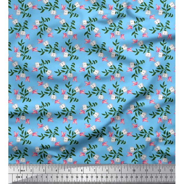Soimoi Blue Rayon Fabric Leaves,Insect & Floral Artistic Decor Fabric Printed BTY 56 Inch Wide