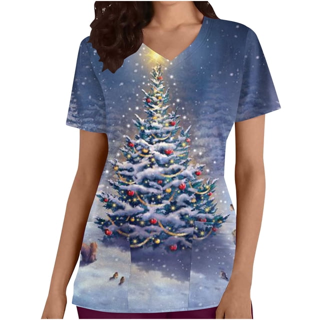 RKSTN Christmas Scrub Tops for Women Tops Short Sleeve V-neck Tops Working Uniform Christmas Tree Elk Snow Printed Tops with Pockets