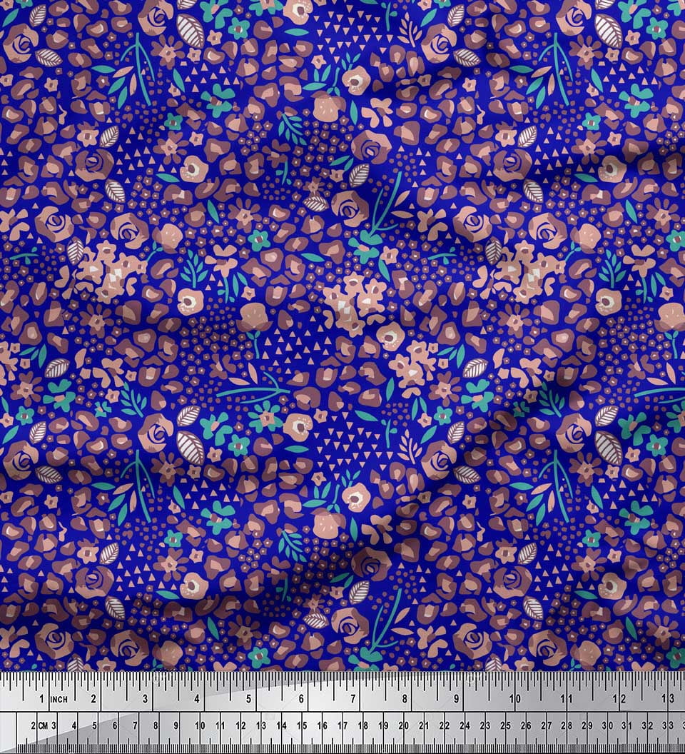 Soimoi Blue Poly Georgette Fabric Floral & Leopard Animal Skin Print Fabric by the Yard 52 Inch Wide