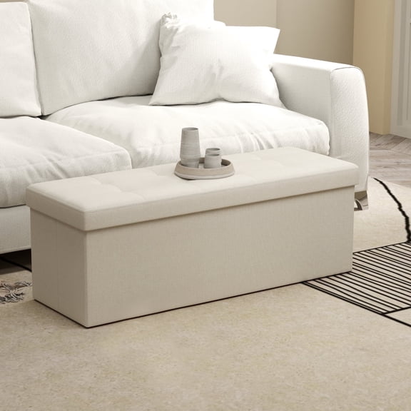 LEDREM Ottomane de Rangement Pliable de 43 Pouces, Banc Ottoman avec Capacité de 660 Lb, avec Rangement, Repose-Pieds, pour Salon, Chambre, Blanc Cassé
