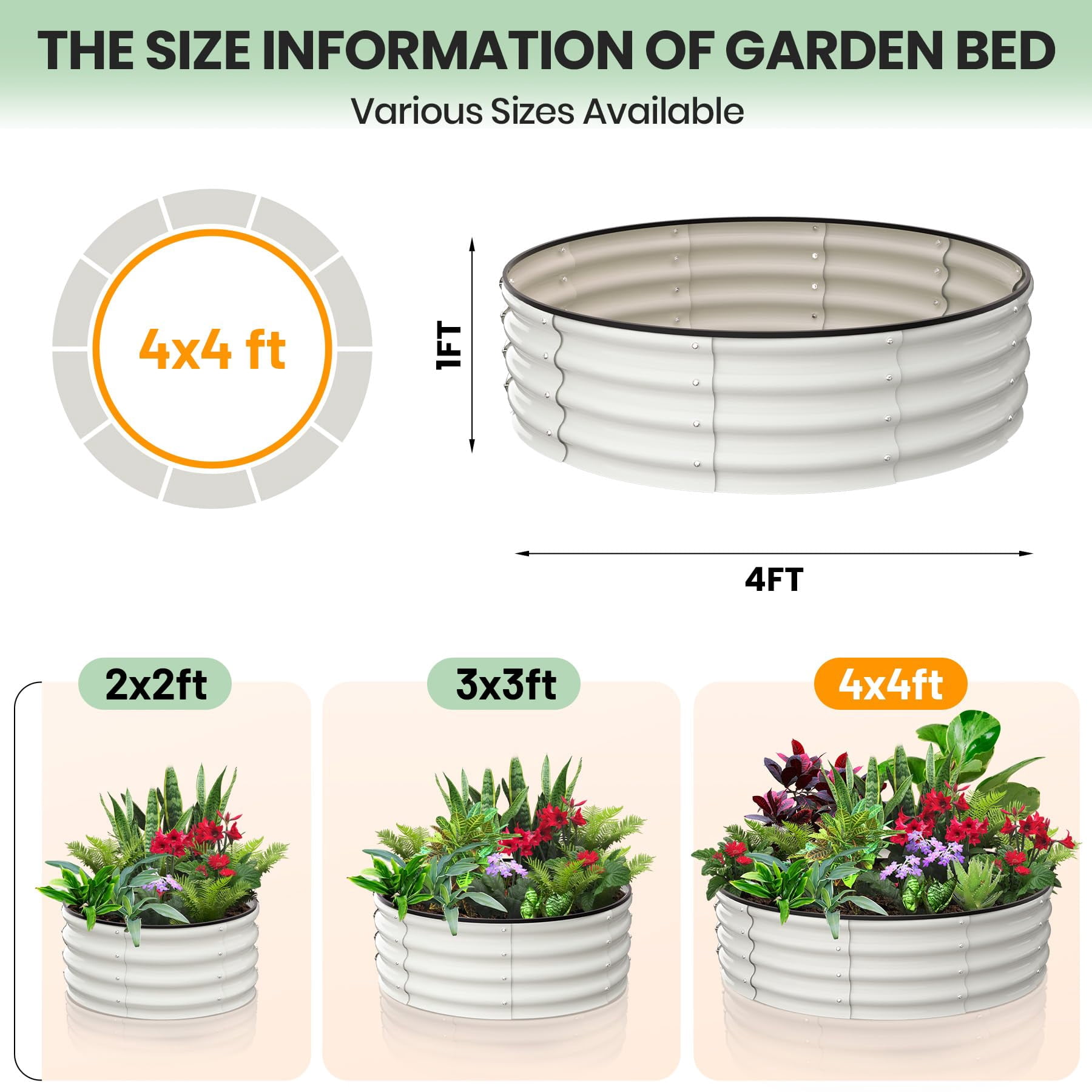 GloryStar Lot de 2 Bacs de Jardin Surélevés Ronds Galvanisés - Tailles 2 Pi/3 Pi/4 Pi - Plate-Bande Extérieure pour Fleurs et Légumes - Conception Robuste et à Fond Ouvert