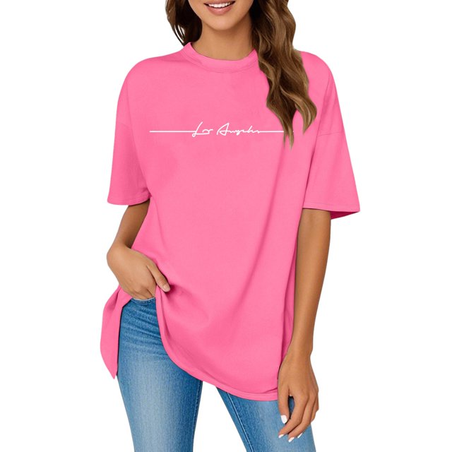 JIRNDf Hauts pour Femmes T-Shirts d'Été Tendance Imprimé Lettres Surdimensionné Col Rond Manches Courtes Décontracté Sport Ample Décontracté Simple T-Shirts Graphiques Mignons pour Adolescentes Rose Vif TG