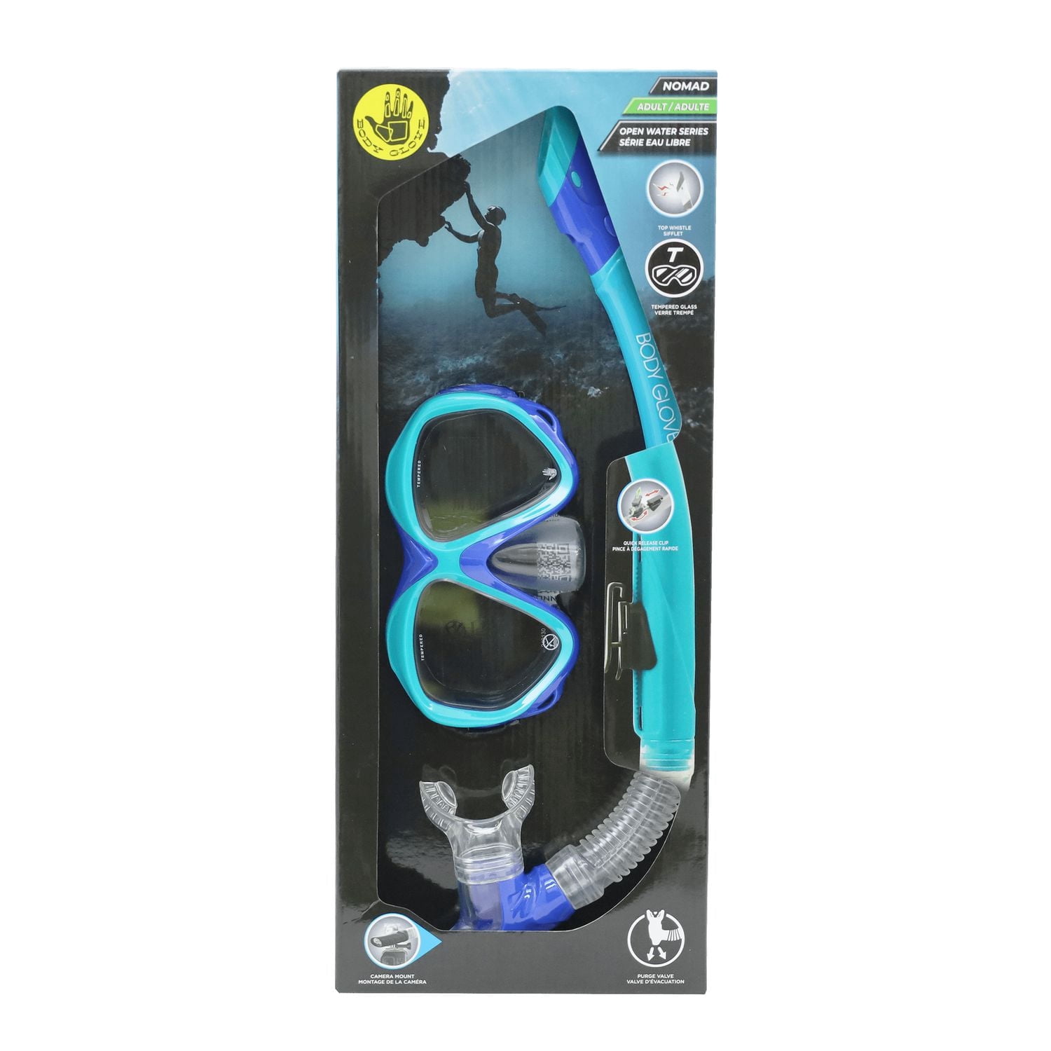 Ensemble tuba Body Glove Nomad adulte masque et tuba verre trempé antibuée équipement de plongée