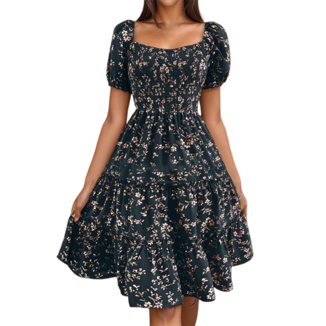 Womens Summer Dresses Floral Casual Party V Neck Short Sleeve Wrap Waist Ruffle with Pockets Spring Dress Navy L