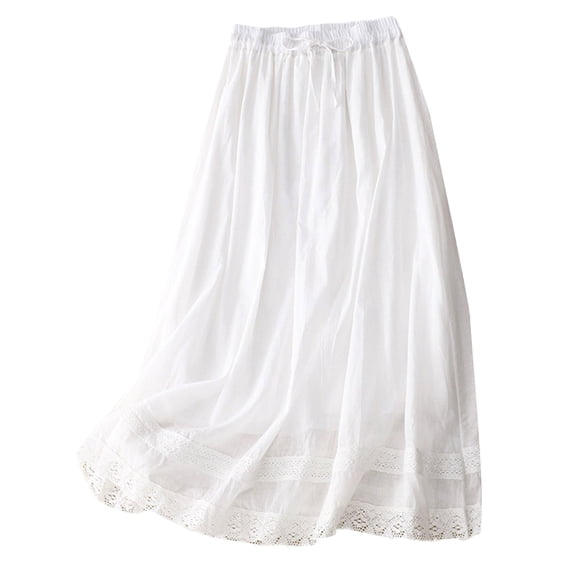 Mrat Floral Midi Skirts Women's Summer Loose Retro Elastic Waist Full Length Embroidery Skirt Double Layer Flowing Cotton and Linen Gauze Skirt Flare Skirts S-38 White XL