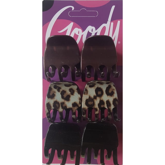 Goody Classics Pinces à Griffes de Taille Moyenne, Pinces à Cheveux de Base, Ensemble de 6 Unités avec six Pinces à Cheveux de Taille Moyenne en Brun Foncé Uni, Imprimé Léopard et Noir sur Emballage Goody Violet et Rose, Conçues pour une Prise Sûre et Douce pour Coiffer Ou Épingler les Cheveux.