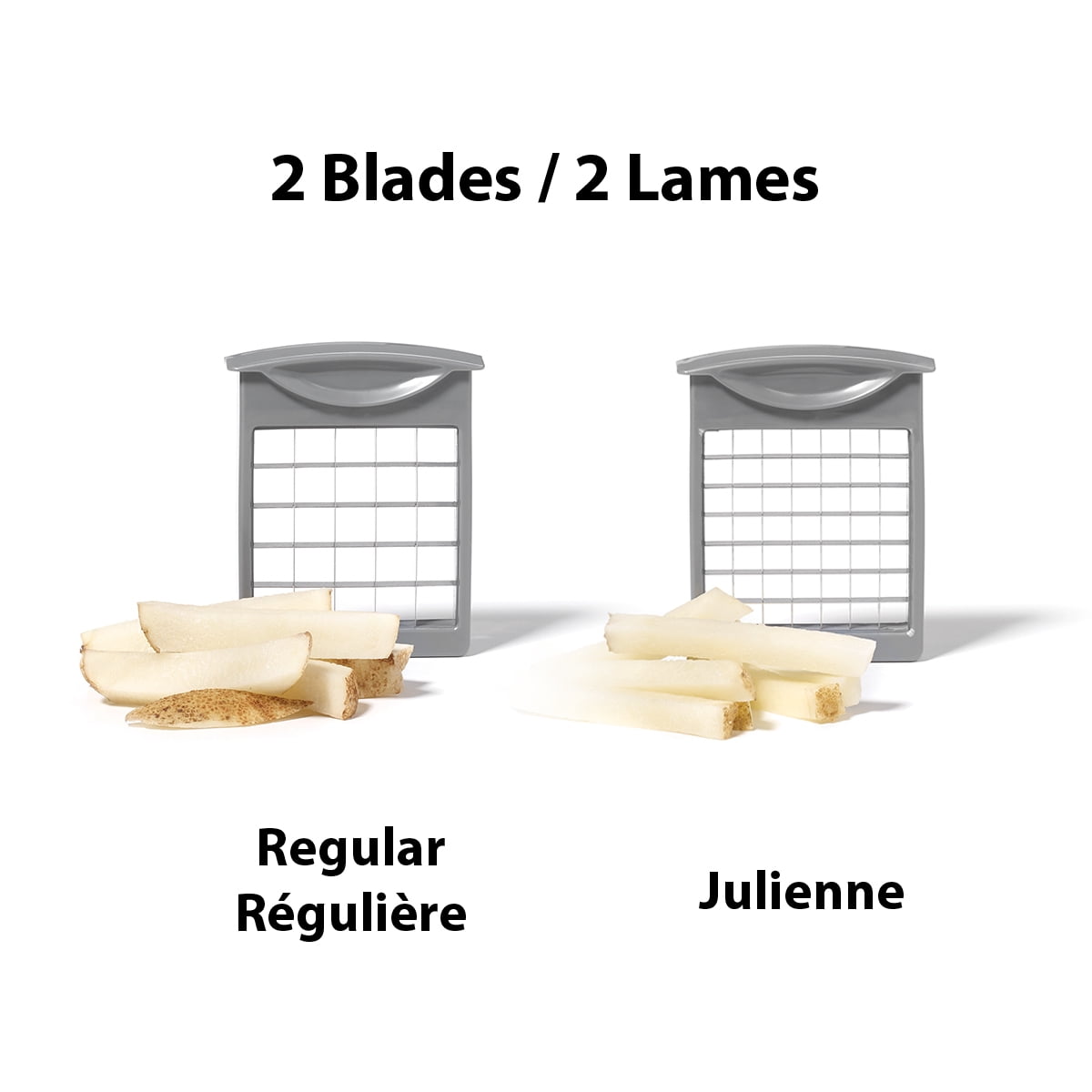 Starfrit Gourmet Coupe-Frite, 2 Lames Incluses, Lames en Acier Inoxydable, Base à Ventouse Stable, Facile à Utiliser, Coupe Frites Régulières et Juliennes, Pour Frites Maison