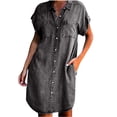 thumbnail image 2 of Robes en Denim Délavé pour Femmes à Manches Courtes Longue Robe à Col en V Boutonnée Robes Maxi Amples Robe Mode, 2 of 7