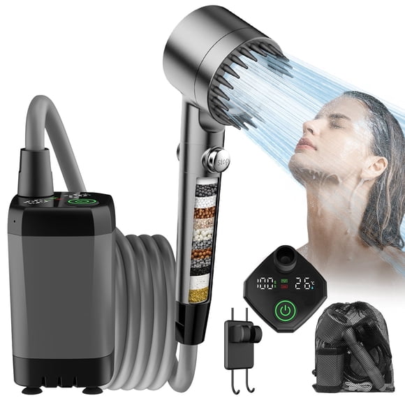 FEELSO Portable Camping Shower with Pump, 6000mAh Rechargeable Battery, Smart Temperature Display, 18-Stage Filter, 2M Hose, Grey