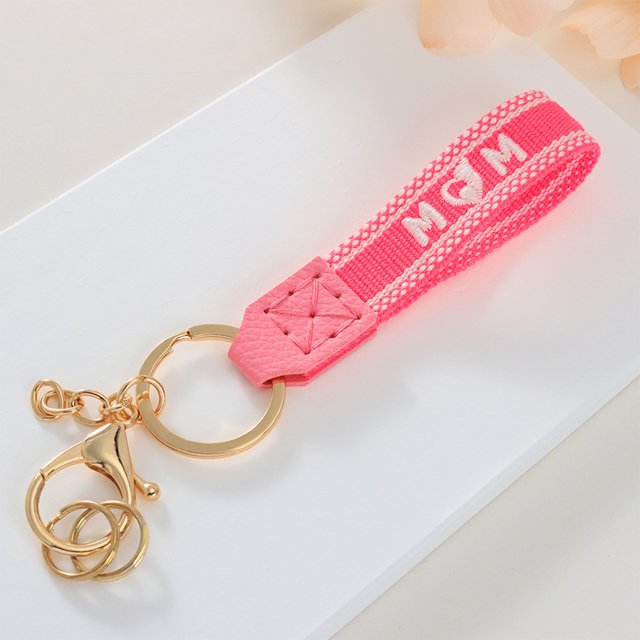 Short Fabric Embroidered Keychain for Mother's Day, Handmade Crochet Design with Leather Details, Measuring 15.5x3x1cm, Ideal as Key Accessory or Gift