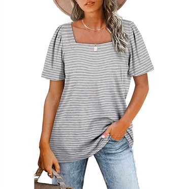T-Shirt à Manches Courtes pour Femmes, Col Carré, Costume de Travail Esthétique, Pull-Over, Blouse de Plage, Mode Vacances, Haut d'Été, Gris Rayé S