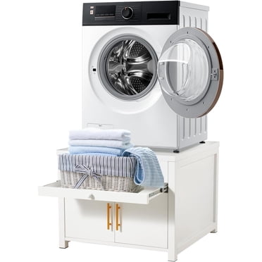 YODOLLA Piédestal à Lessive avec Tablette Coulissante, Support de Laveuse et Sécheuse Capacité de 700 Lb avec Rangement et Drainage, Blanc