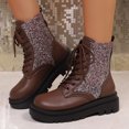 thumbnail image 2 of Pandaie Rhinestone Combat Boots Women Military Motorcycle Riding Booties Platform Lace up Chunky Heel Ankle Boots Brown 6.5, 2 of 8