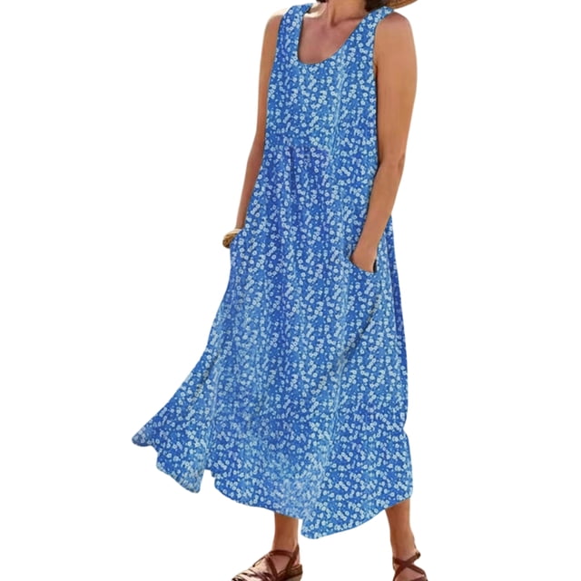 MAWCLOS Robes Évasées pour Femmes Col Rond Été Plage Robe d'Été Sans Manches Longue Robe Maxi Hawaïenne Vacances Imprimé Floral Bleu 3TG