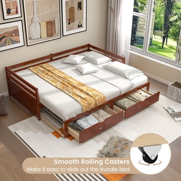Giantex Lit de Jour en Bois avec Tiroir-Lit, Cadre de Lit de Jour Extensible de Simple à Très Grand, Canapé-Lit de Jour à Double Usage Gain de Place