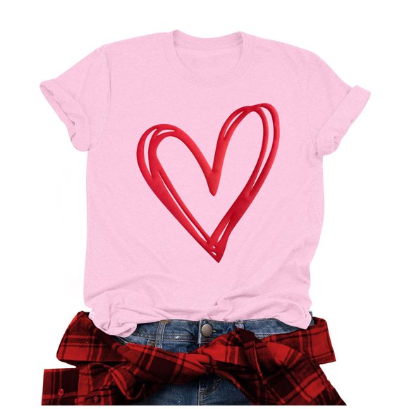 Penkiiy Womens Valentines Day Shirts Print Graphic Tees Cute Love Heart Shirts Casual Short Sleeve L Pink
