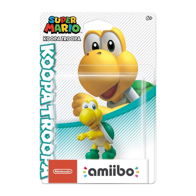 amiibo™ - Koopa Troopa collectible figure from Super Mario, featuring a yellow turtle with green shell and boots, in clear Nintendo-branded packaging, compatible with Nintendo Switch for unlocking in-game extras.