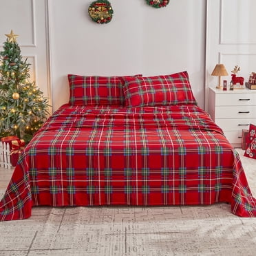 Gogreen Ensemble de Draps 4 Pcs pour Lit Très Grand (Taille 17 Pouces), en Microfibre Respirante Ultra Douce, Style Hôtel de Luxe, Idéal comme Cadeau pour Femmes et Hommes - à Carreaux Rouges