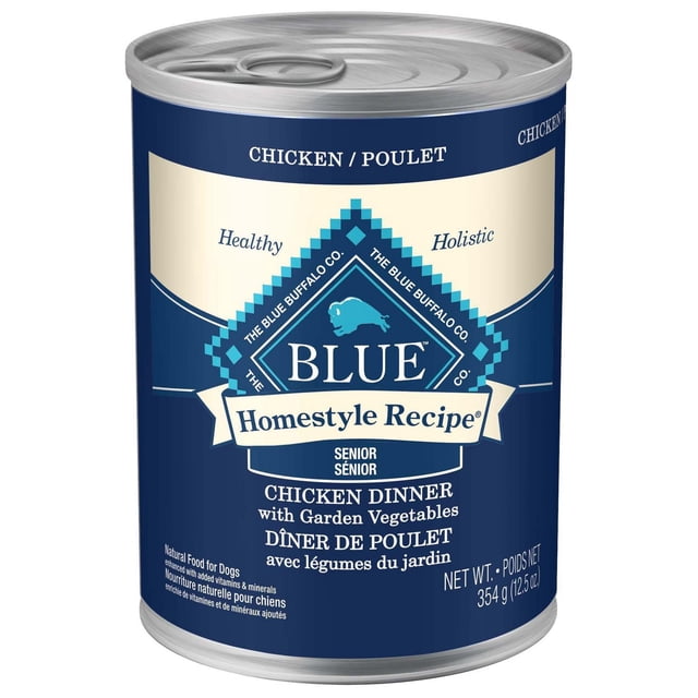 Blue Buffalo Blue Nourriture Humide pour Chien Homestyle Recipe Chicken Dinner, Boîte de 12,5 oz avec Étiquette Bleu et Crème Présentant le logo Blue Buffalo, Formule pour Chien Âgé avec Ingrédients Naturels et Légumes du Jardin, Poids net 354 Grammes (12,5 oz), Idéale pour l'Alimentation en Repas Ou en Mélange avec des Aliments Secs