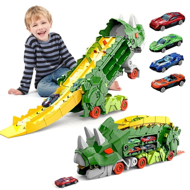 QUTETN Transporteur Ultime de Dinosaures Camion Transformable avec Ensemble de Piste de Course - Hirondelles à Double Transformation 4 Voitures Comprend Piste de Course et Rangement pour 12 Voitures (Vert)