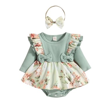 XYIJANI Liquidation Vêtements pour Bébé Fille Bébés Filles Volants Manches Longues Côtelé Imprimés Floraux Barboteuse Nœud Barboteuse Nouveau-Né Robe Bandeaux Ensemble (Vert,60)