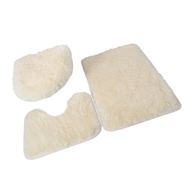 3 Piece Absorbent Bath Mat Set in beige yellow, including a rectangular floor mat, U-shaped rug, and toilet lid cover. Made of spandex and acrylic fabric with a soft, plush texture and strong water absorption. Features an anti-slip rubber backing for stability. Sizes: U-shaped rug (40cm x 50cm), toilet lid cover (45cm x 50cm), and floor mat (50cm x 80cm). Suitable for bathrooms, showers, hotels, and gyms. Machine washable and easy to maintain.