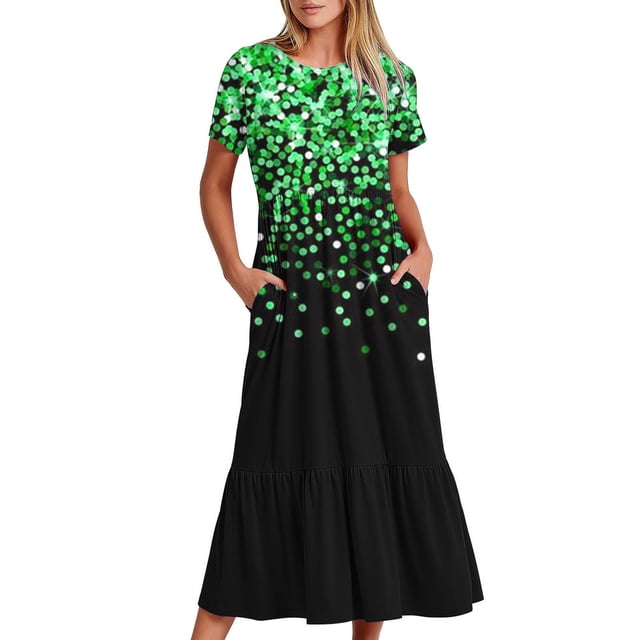Women's Short Sleeve Printed Dress, Round Neck Casual Dress with All-Over Pattern, Lightweight Polyester Machine-Washable Dress for Daily Wear