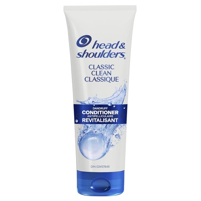 Head and Shoulders Classic Clean Anti-Dandruff Conditioner in a white tube with blue flip cap, featuring water splash graphics and bilingual text, formulated to hydrate scalp and prevent flakes for healthy hair care.