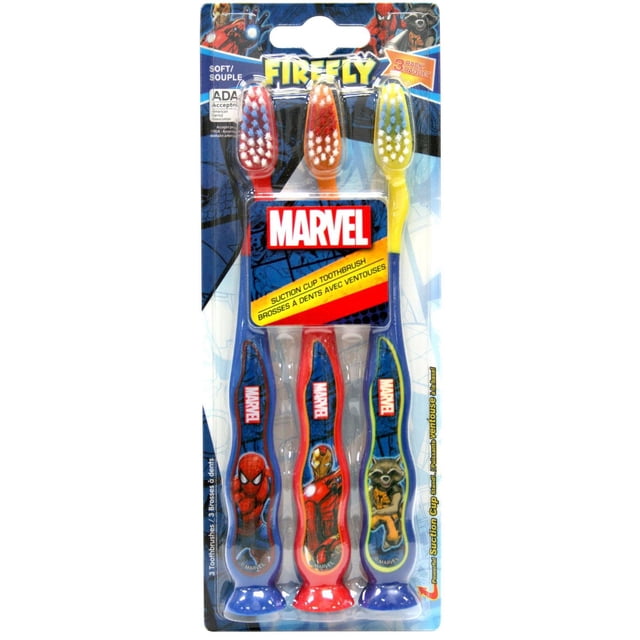Firefly® Kids Suction Cup Toothbrush – Avengers, Soft 3pk with three soft-bristle manual toothbrushes featuring Marvel Avengers characters Spider-Man, Iron Man, and Rocket Raccoon. Designed for kids' mouths with compact heads, tongue cleaners, and suction cup bases for hygienic upright storage to promote good dental care habits.