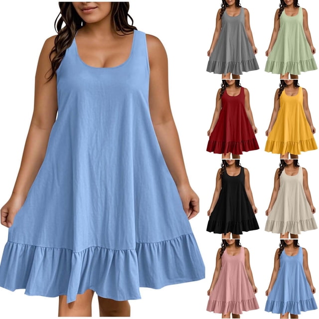Sentmoon Robes Élégantes pour Femmes Été 2026 Couleur Unie Sans Manches Col Ras du Cou Robes Hawaïennes pour Femmes Coupe Ample Grande Taille pour le Quotidien et le Trajet Bleu G
