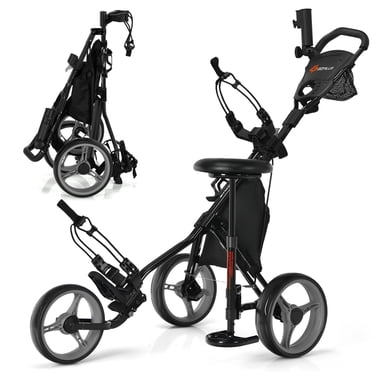 Patiojoy Chariot Poussoir de Golf à 3 Roues, Chariot Léger Pliable pour Sacs de Golf avec Siège et Poignée Ajustables, Porte-Parapluie et Frein à Pied, Gris