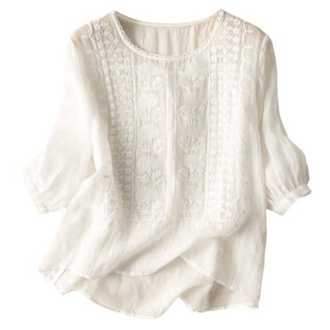 Haut Vintage Brodé en Lin pour Femmes 2025 T-Shirt Décontracté Ample Manches en Dentelle Grande Taille Été