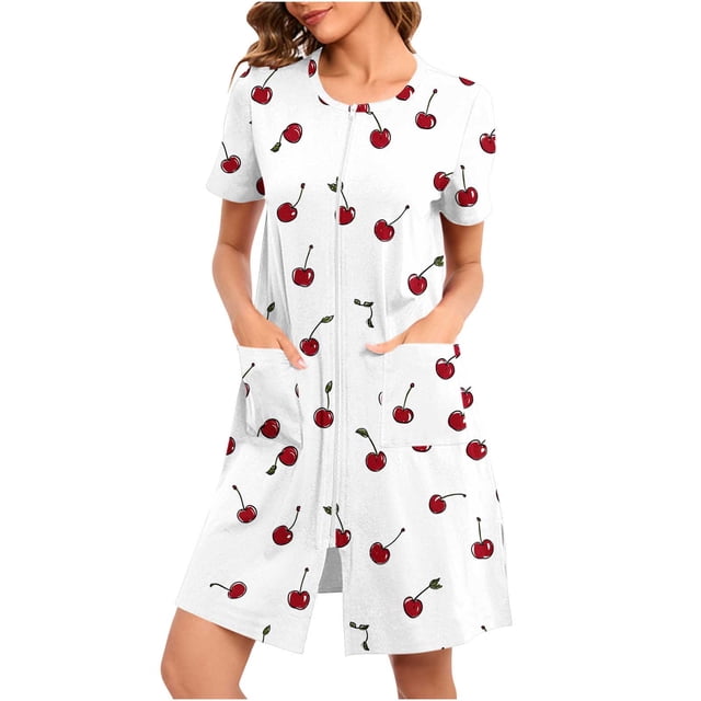 Manteau de Maison à Fermeture Éclair pour Femmes, Robes à Manches Courtes Courte Nuisette Peignoirs avec Poches Mignonne Robe de Nuit Imprimée Blanc TG