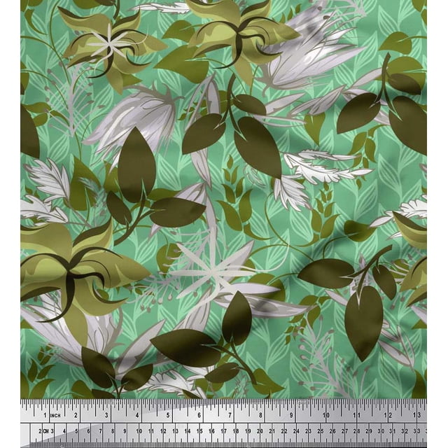 Soimoi Green polyester Crepe Fabric Artistic Leaves Print Sewing Fabric Yard 52 Inch Wide
