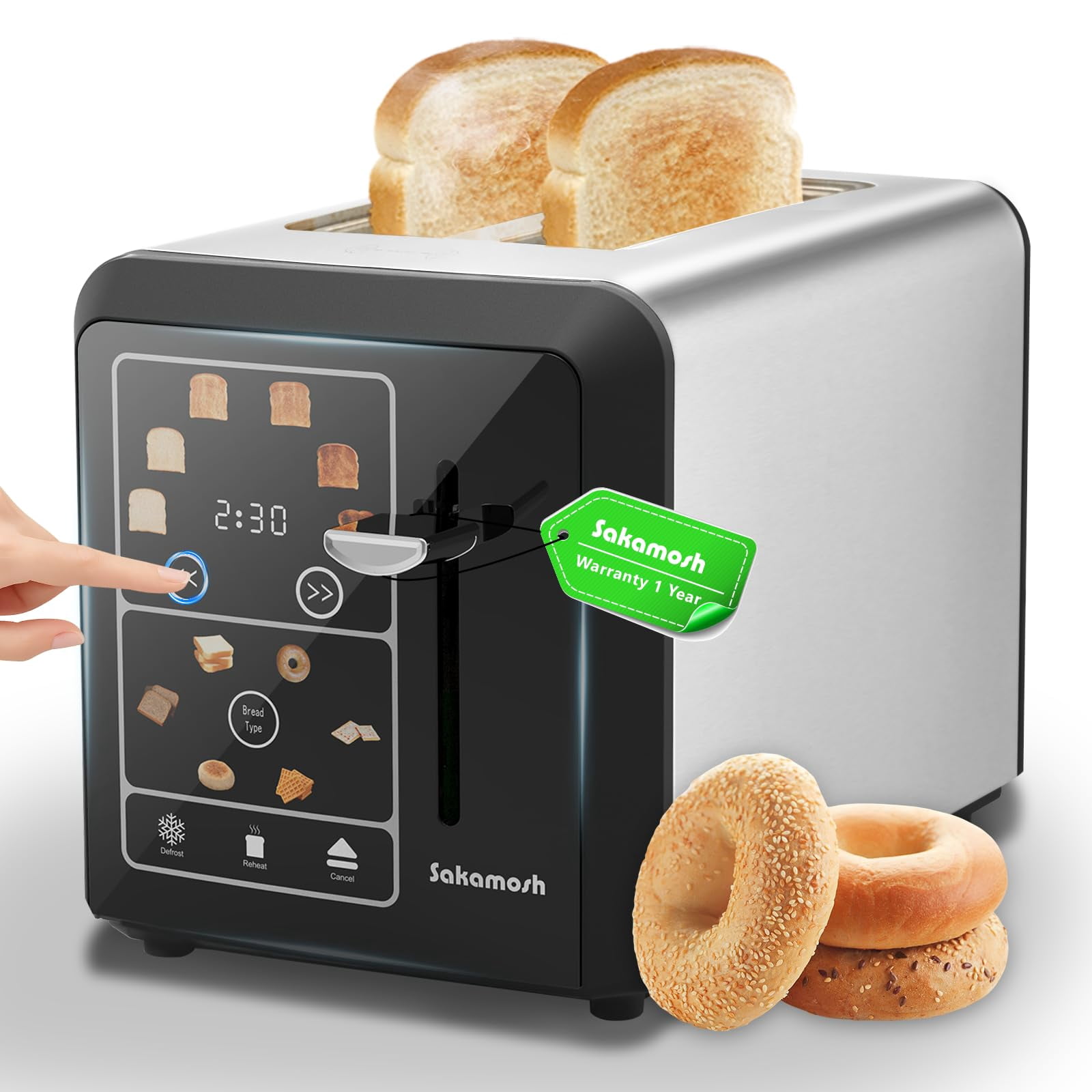 SAKAMOSH Smart Toaster 2 Slice, Touch Screen, Digital Toasters with 6 Browning Levels & 6 Bread Types, Bagel, Extra Long Wide Slots, Memory Function, Timer, 800W, Stainl