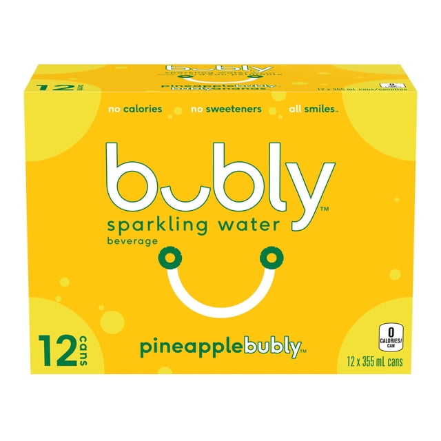 Bubly Pineapple Sparkling Water 12-pack of 355 mL cans in bright yellow packaging with Bubly logo and smile design, featuring zero calories, no sweeteners, and natural pineapple flavor, suitable for refreshment and sharing.
