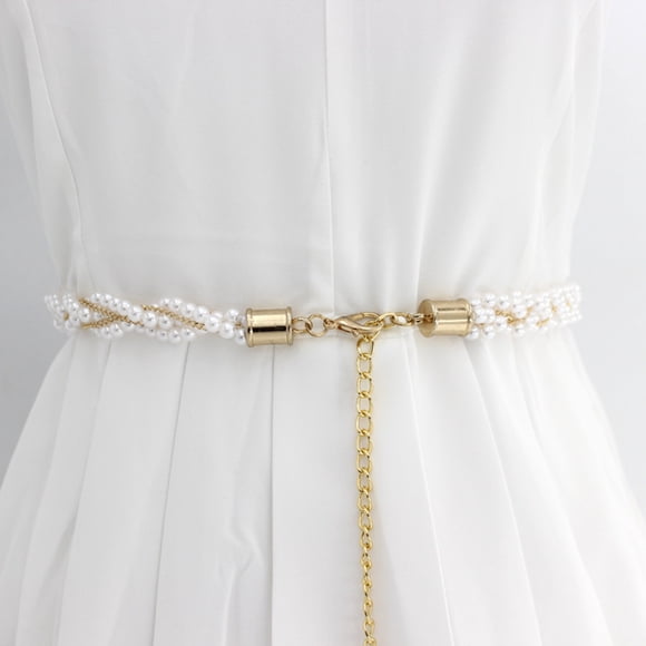 Women's Metal Belt Dress Beaded Hook Women's Waist Chain Fashion Pearl Decoration Metal Belt Belt mens belt Gold