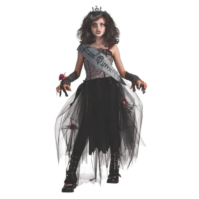 Goth Prom Queen Girl's Costume in grey polyester featuring a thorny rose printed bodice and jagged hem black tulle skirt with flower embellishments. Includes Prom Queen sash, torn glovelettes with rose corsage, and skull crown, styled with black lace-up boots for Halloween and themed parties.