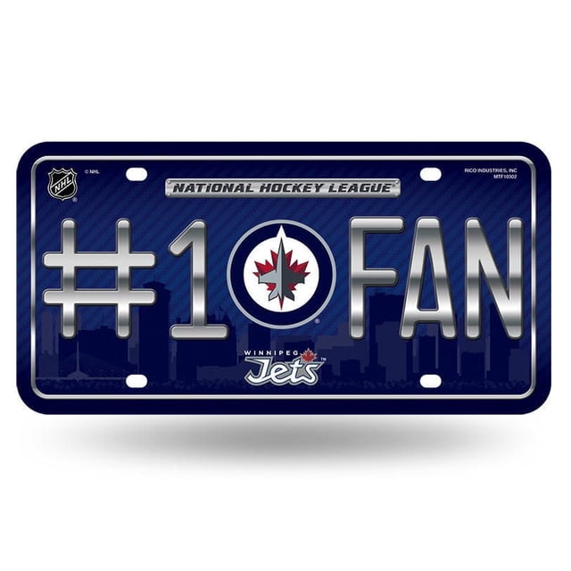 NHL Winnipeg Jets License Plate with dark blue background and subtle city skyline silhouette, silver embossed '#1 FAN' text, official Winnipeg Jets logo centered, and 'National Hockey League' banner at top. Made of durable metal with high gloss vinyl finish, measuring 6 by 12 inches. Suitable for vehicle display or fan decor in offices and man caves.