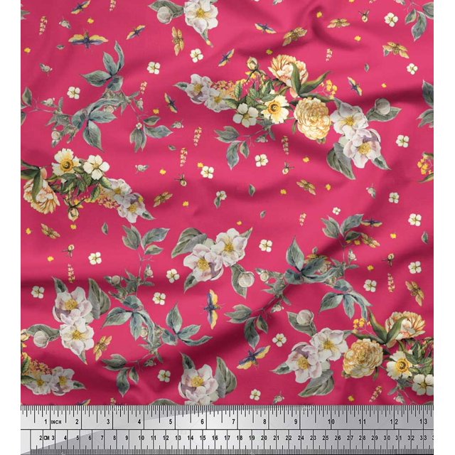 Soimoi polyester Crepe Fabric Leaves,Moth & Magnolia Floral Decor Fabric Printed Yard 42 Inch Wide