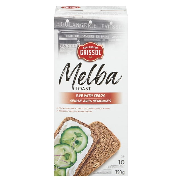 Boulangerie Grissol Melba Toast Rye with Seeds box showing front packaging with brand logo, product name, and image of two rye seed melba toasts, one topped with cream cheese and cucumber slices, 350g net weight, 10 individual packs, low-calorie and trans fat free wheat cracker snack suitable for healthy diets.