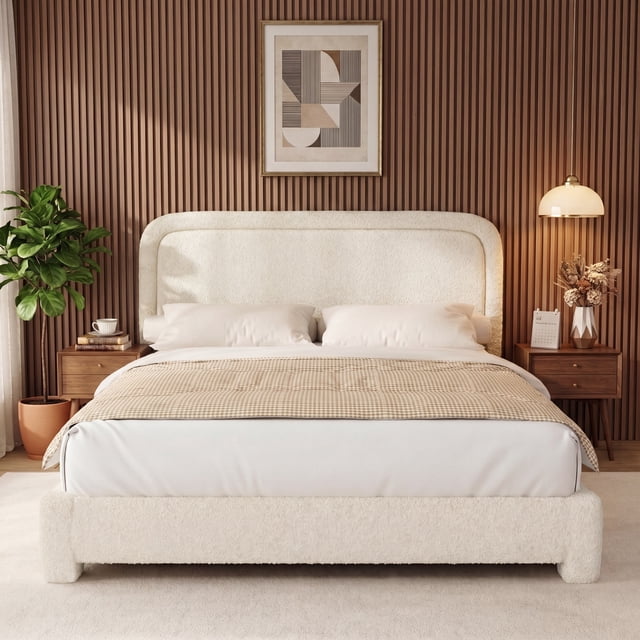 Hcore Boucle Bed Frame King Size,Modern Beige Bed Frame with Adjustable Headboard, Soft Rounded Corners,No Box Spring Required,Easy Assembly