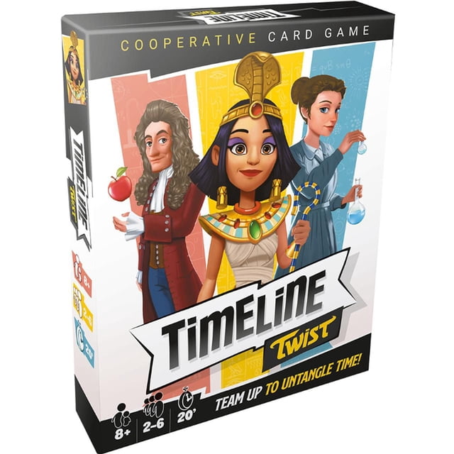 Boîte de Jeu de Cartes Coopératif TIMELINE TWIST Mettant en Vedette des Personnages Historiques Illustrés, Dont un Homme du XVIIe Siècle Tenant une Pomme, une Reine Égyptienne avec une Coiffe et un Bâton en cobra, et un Scientifique avec de la Verrerie de Laboratoire, Conçue pour 2 à 6 Joueurs de 8 Ans et Plus avec un Temps de Jeu de 20 Minutes.