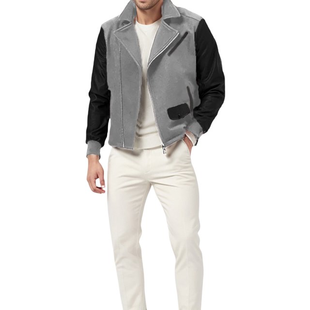 FOCUSNORM Men's Zip Up Patchwork Jacket Woolen Leather Long Sleeve Contrast Color Lapel Neck Casual Coat