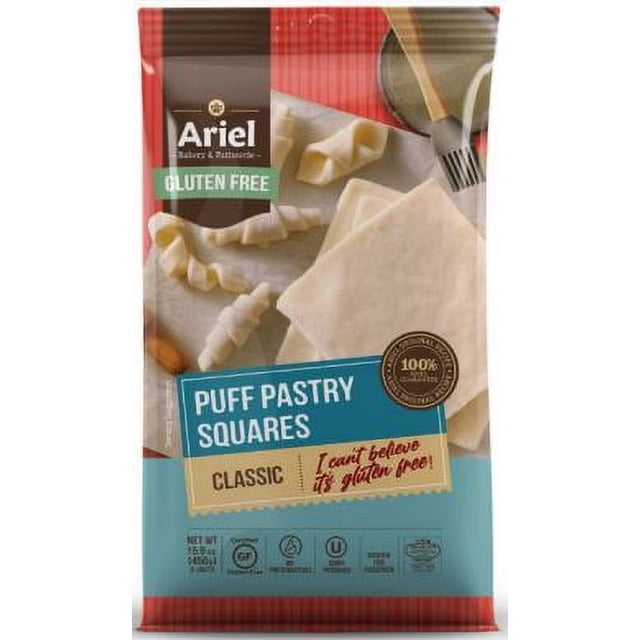 Ariel Puff Pastry Sheets PY GF 450g package showing gluten-free beige puff pastry squares, some rolled into croissants on parchment paper, with Ariel brand logo and gluten-free label on red and blue packaging, ideal for frozen bakery and pie crust applications.