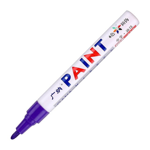 VogueV Oil-Based Paint Markers in purple with vibrant permanent ink, designed for DIY and art projects. The marker features a durable aluminum shell with a white surface and a purple nib, measuring 14.3 cm in length and 1.5 cm in diameter. Suitable for use on various surfaces, including rubber, metal, wood, glass, and plastic. The oil-based ink is waterproof, bright, and fade-resistant, ideal for creating long-lasting designs. The pen includes instructions for proper use and maintenance.